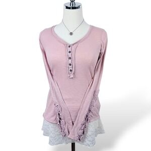 Mudd Womens XS Pink Henley Top Crochet Sleeve Detail Cotton Y2K Casual Layering